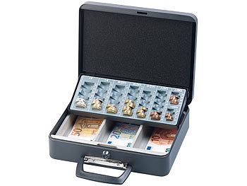 Xcase Stahl-Geldkoffer mit Kassette, Euro-Münzbrett, Koffer-Griff, 30x24x9cm