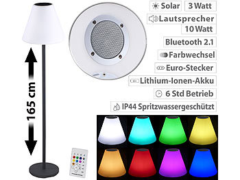 Solar Stehlampe: Lunartec Solar-LED-Stehleuchte, Lautsprecher, Bluetooth, 7 Farben, 50 lm, 2,4 W