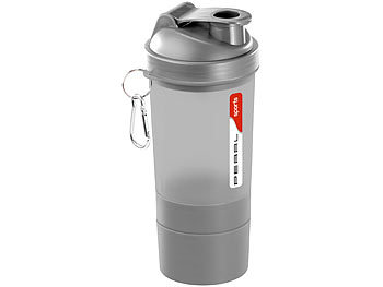 PEARL sports Fitness-Drink-Shaker mit 2 Pulverkammern & Mischball, 500 ml, BPA-frei