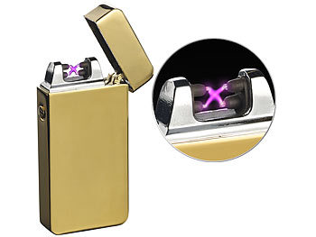 Tesla Feuerzeug: PEARL Elektronisches USB-Feuerzeug mit doppeltem Lichtbogen und Akku, golden