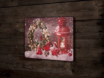 infactory Wandbild "Weihnachtskranz mit Laterne" mit LED-Beleuchtung, 28 x 23 cm