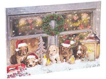infactory LED-Wandbild, Weihnachts-Hundewelpen-Motiv, 5 Flacker-LEDs, 60 x 40 cm