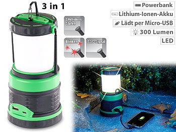 Camping Laterne Akku: Lunartec 3in1-LED-Akku-Campinglaterne mit Deckenlicht und Powerbank, 3.600 mAh