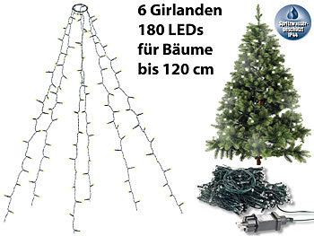 Christbaum LED Überwurf: Lunartec Weihnachtsbaum-Überwurf-Lichterkette mit 6 Girlanden & 180 LEDs, IP44