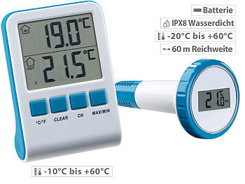infactory 3 digitale Teich- und Poolthermometer mit LCD-Funk-Empfänger, IPX8