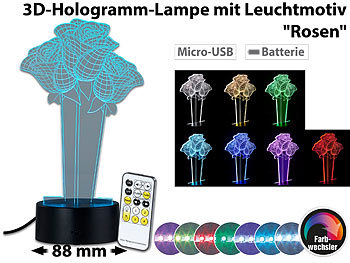 3D Lichter: Lunartec 3D-Hologramm-Lampe mit Leuchtmotiv "Rosen", 7-farbig