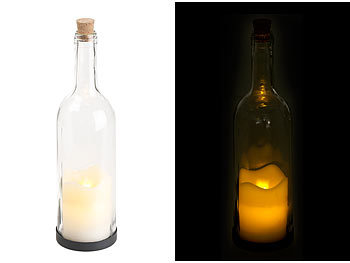 Flaschenlicht mit Timer: Lunartec Deko-Glasflasche mit LED-Kerze und beweglicher Flamme, Timer