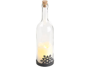 Lunartec 3er-Set Deko-Glasflasche, LED-Kerze & bewegliche Flamme, Schneeflocke