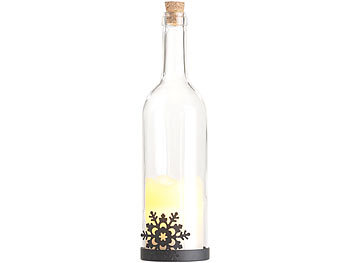 Lunartec Deko-Glasflasche mit LED-Kerze, bewegliche Flamme, Schneeflocken-Motiv