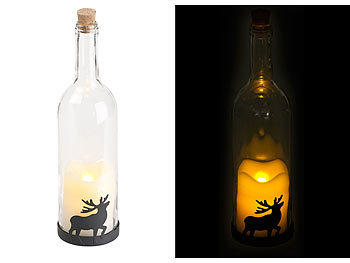 Flaschendeko mit Licht: Lunartec Deko-Glasflasche mit LED-Kerze, bewegliche Flamme, Timer, Elch-Motiv