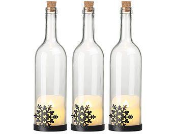 LED-Bottle-Lights: Lunartec 3er-Set Deko-Glasflasche, LED-Kerze & bewegliche Flamme, Schneeflocke