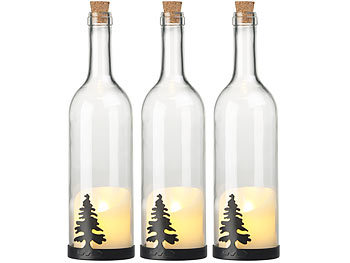 LED Flaschen: Lunartec 3er-Set Deko-Glasflasche, LED-Kerze & bewegliche Flamme, Tannen-Motiv
