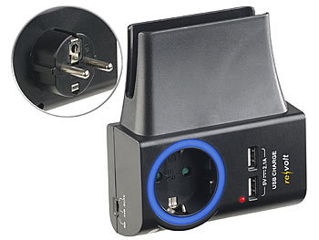 Ladestation Handy: revolt 4in1-Steckdose, 2x USB, LED-Ring & Smartphone-Halterung, 2,1 A, 10,5 W