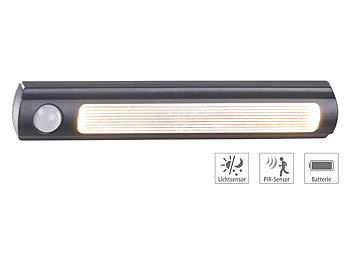 Schranklampe Batterie: Luminea Batterie-LED-Schrankleuchte, PIR- & Lichtsensor, 0,6 W, 25 Lm, 3000 K
