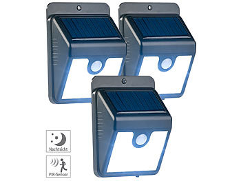 Solar-Nachtlicht außen: Luminea 3er-Set Solar-LED-Wandleuchten mit Bewegungssensor & Nachtlicht, 50 lm
