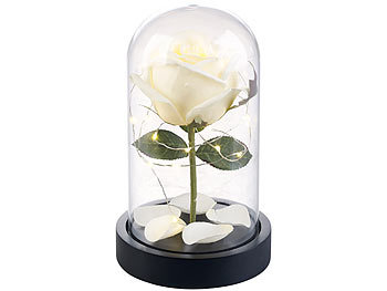 Lunartec Edle Kunst-Rose mit LED-Beleuchtung in Echtglas-Kuppel, weiß