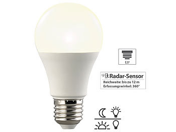 LED Birnen: Luminea LED-Lampe, Lichtautomatik & Radar-Sensor, 10 W, 900 lm, E27, warmweiß