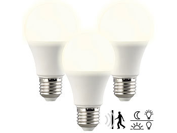 LED Birne: Luminea 3er-Set LED-Lampen, Lichtautomatik, Radarsensor, 900 lm, E27, warmweiß