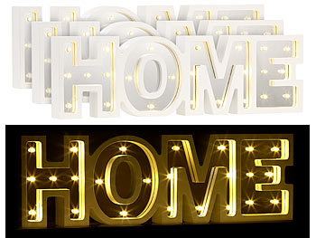 LED Wanddeko: Lunartec LED-Schriftzug "HOME" aus Holz & Spiegeln mit Timer, 3er-Set