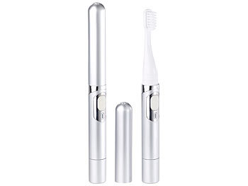 Elektrische Zahnbürste: newgen medicals 2er-Set USB-Akku-Reise-Schallzahnbürste 28.000 RpM, IPX7, Timer