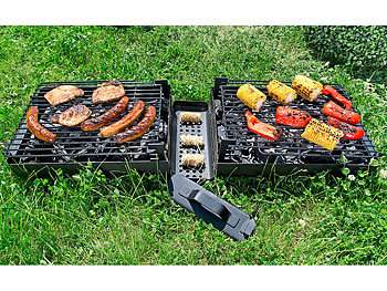 Picknick-Grill aus hochglanzpoliertem Edelstahl mit Doppel-Grillfläche Kohle BBQ 