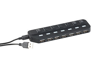 Xystec Aktiver USB-2.0-Hub mit 7 Ports, einzeln schaltbar, 2-A-Netzteil