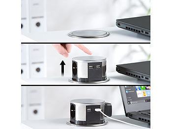 revolt Versenkbare Einbau-Tisch-Steckdose, 3x 230 V, 2x USB, rund, Ø 100 mm
