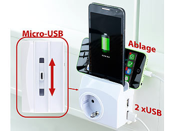 revolt Ladegerät Handy: Steckdose mit Doppel-USB-Netzteil &  Smartphone-Ablage, 3,4 A/ 17 Watt (USB-Ladestation Steckdose)