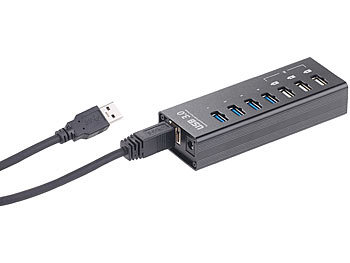 Xystec Aktiver USB-3.0-Hub mit 4 Ports & 3 Schnell-Lade-Buchsen (BC 1.2), 4 A