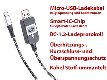 revolt Micro-USB-Ladekabel mit Smart-IC-Chip und LCD-Spannungsanzeige