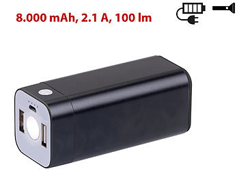 Powerbank für Smartphone: revolt USB-Powerbank mit 8.000 mAh und LED-Taschenlampe, 2,1 A, 100 Lumen