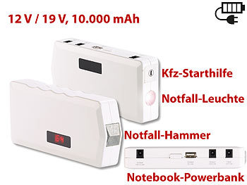 revolt Notebook-Powerbank m. Kfz-Starthilfe, Notfall-Hammer, 10.000 mAh/400 A