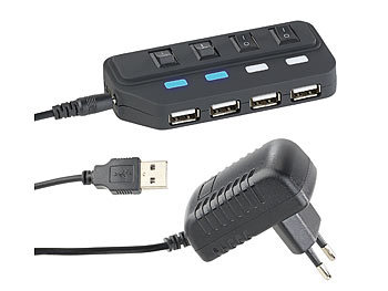 Xystec Aktiver USB-2.0-Hub mit 4 Ports, einzeln schaltbar, 2-A-Netzteil