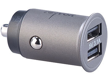 revolt Mini-Kfz-USB-Ladegerät mit 2 Ports, für 12/24 V, 3,1 A, 15,5 W, Alu
