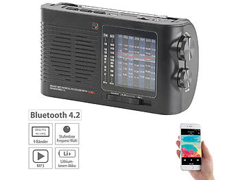 Kurzwellenradio: auvisio Analoger 9-Band-Weltempfänger mit Bluetooth, USB, SD, AUX und Akku