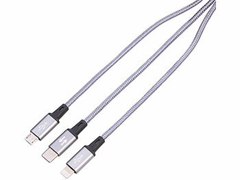 Callstel 3in1-Schnellladekabel: Micro-USB, USB C & Lightning, Textil, 30 cm, 3A