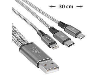 Mehrfach Ladekabel: Callstel 3in1-Schnellladekabel: Micro-USB, USB C & Lightning, Textil, 30 cm, 3A