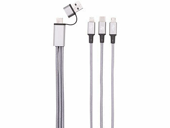 Callstel 3in1-Schnellladekabel: Micro-USB, USB C & Lightning, Textil, 30 cm, 3A