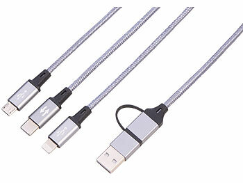 Callstel 3in1-Schnellladekabel: Micro-USB, USB Typ C & Lightning, Textil, 120cm
