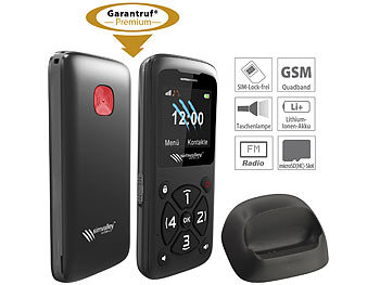 Handys ohne Vertrag: simvalley Mobile 5-Tasten-Senioren- & Kinder-Handy mit Garantruf Premium & Ladestation