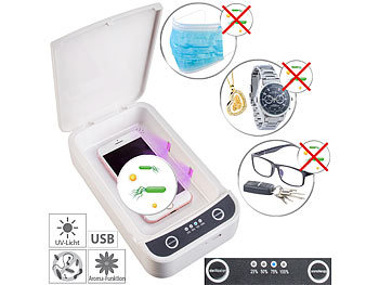 UV Desinfektionsbox: Somikon UV-Desinfektions-Box für Smartphone, Brille, Schlüssel usw., USB