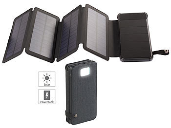 Solar Handy Ladegerät: revolt Solar-Powerbank, faltbares Solarpanel, LED-Lampe, 8.000 mAh, 2,1 A, 5W