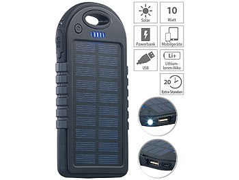 Solar Ladegerät: revolt Solar-Powerbank mit 4.000 mAh & Taschenlampe, 2x USB, bis 2 A, 10 Watt