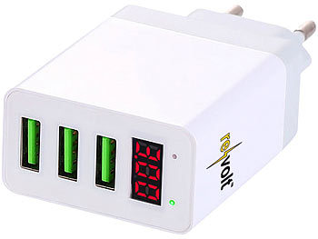 revolt USB Lader: Intelligentes 3-Port-USB-Wandnetzteil mit LED-Display,  3,1 A, 15,5 W (Netzteil)