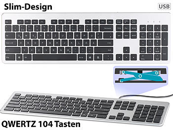 Tastatur Kabel: GeneralKeys USB-Voll-Tastatur, Super-Slim mit Scissor-Tasten, Ziffernblock, flach