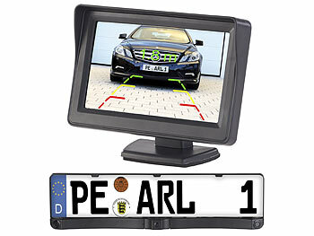 Rückfahrt Camera: Lescars Farb-Rückfahrkamera im Nummernschildhalter m. Monitor & Abstandswarner