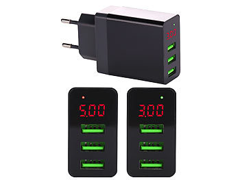 Handy Ladegerät: revolt Intelligentes 3-Port-USB-Wandnetzteil mit LED-Display, 3,1 A, 15,5 W