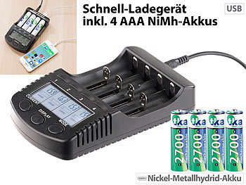 18650 Schnellladegerät: tka Hochleistungs-Schnell-Ladegerät mit Display und 4 NiMH-Akkus Typ AA