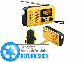Kurbelradio Solar: infactory Solar- und Dynamo-Koffer-Radio, LED-Licht, SOS, Versandrückläufer