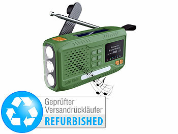 Dynamo-Koffer-Radio: infactory Mobiles DAB+-Kurbelradio mit EWF, Solarpanel, LED, Versandrückläufer